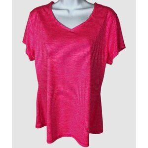 Athletic Top Women Size L 12 to 14 Two Shades of Pink Stripe Short Sleeve V neck